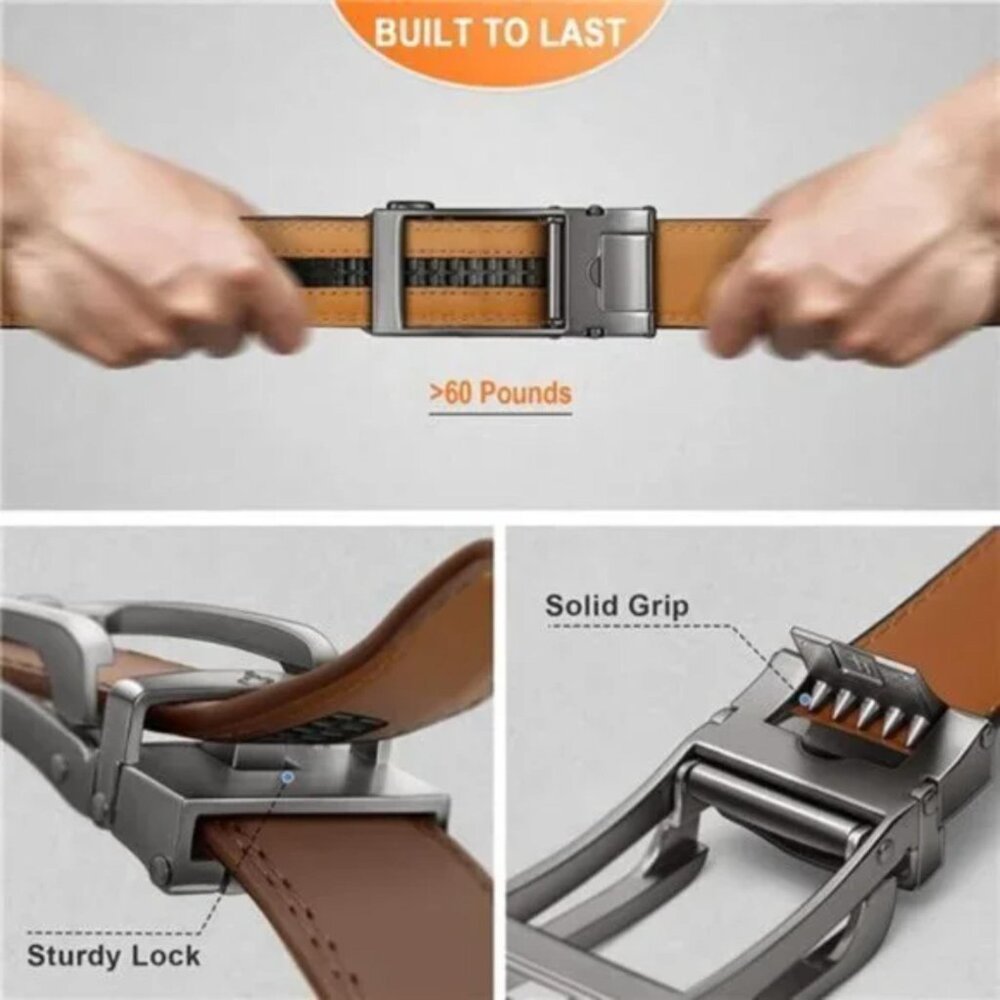 MEN Leather Belt, Ratchet Click Sliding Genuine Leather Adjustable Belt - Picture 6 of 8